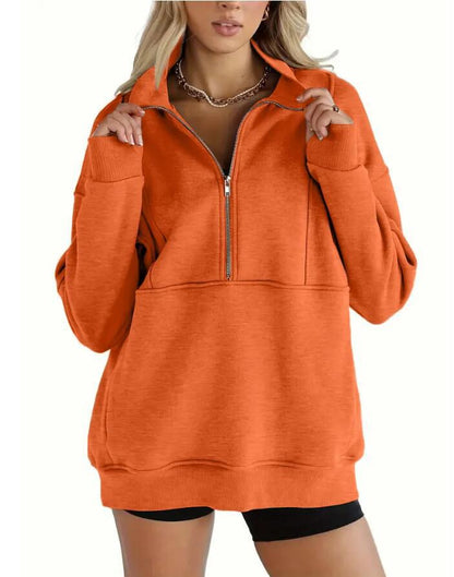 Damen-Sweatshirts mit halbem Reißverschluss, Fleece, Stehkragen, lange Ärmel, Daumenloch, übergroße Pullover mit Taschen