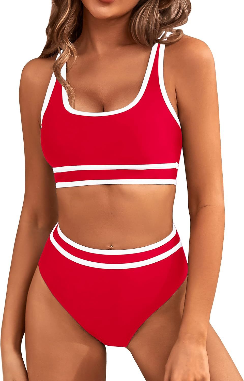 Women's High Waisted Bikini Sets Sporty Two Piece Swimsuits Color Block Cheeky High Cut Bathing Suits - Seldom Seen Styles