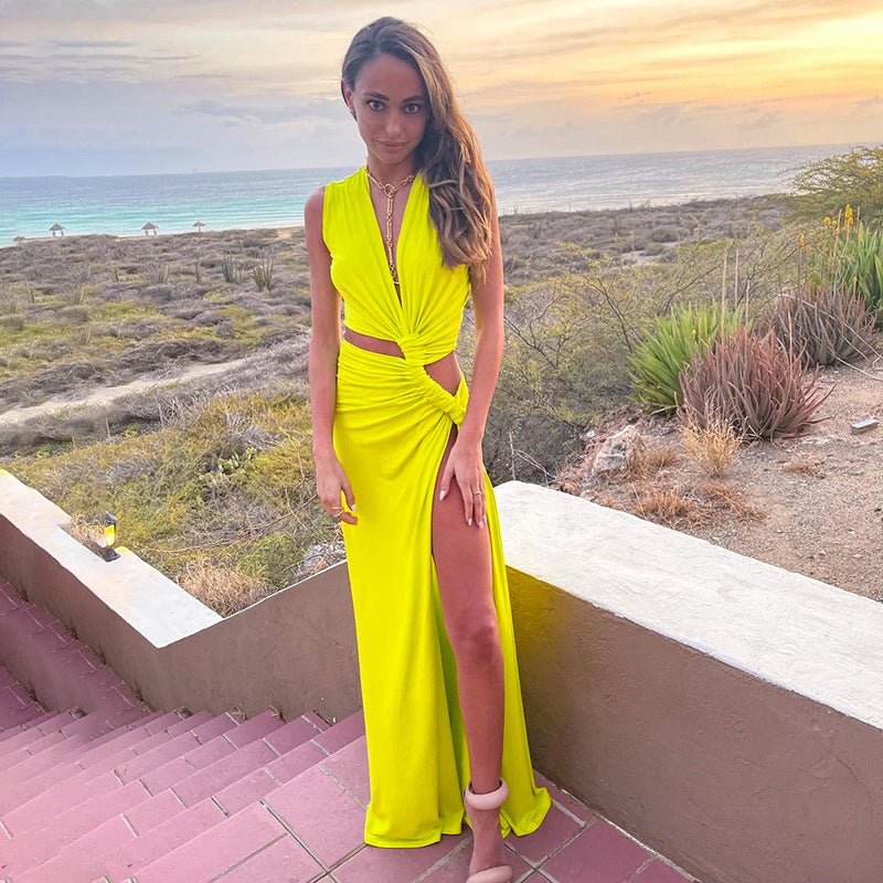 split dress long maxi bodycon gown low cut maxi dress Solid Color Sexy Deep V Cutout Slit Slim Fit Long Dress