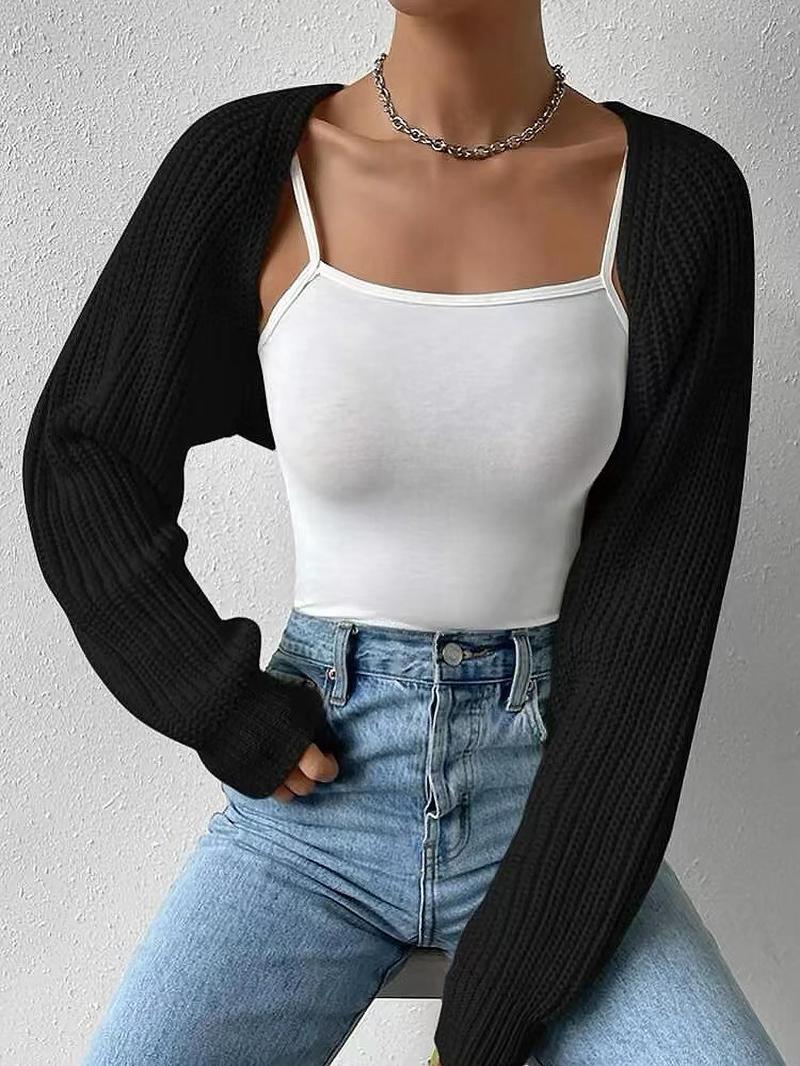 Women's Solid Raglan Sleeve Crop Cardigan Without Camisole, Casual Long Sleeve Knitwear for Spring & Fall, Women's Clothing for Daily Wear