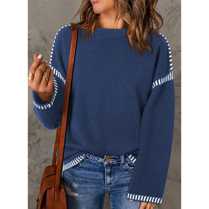 Sweaters for Women Fashion Solid Crewneck Loose Fit Long Sleeve Contrast Cable Knit Pullover Sweater Jumper Tops Knitwear Womenswear Knitwear Womenswear