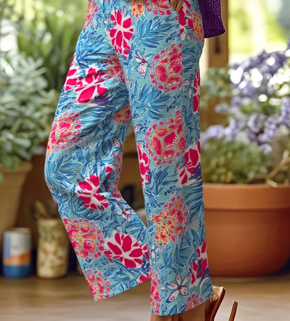 Leinenhose Damen Sommer Elastische Taille Gerades Bein Übergröße Crop Pants Lässige Strandhose mit Taschen