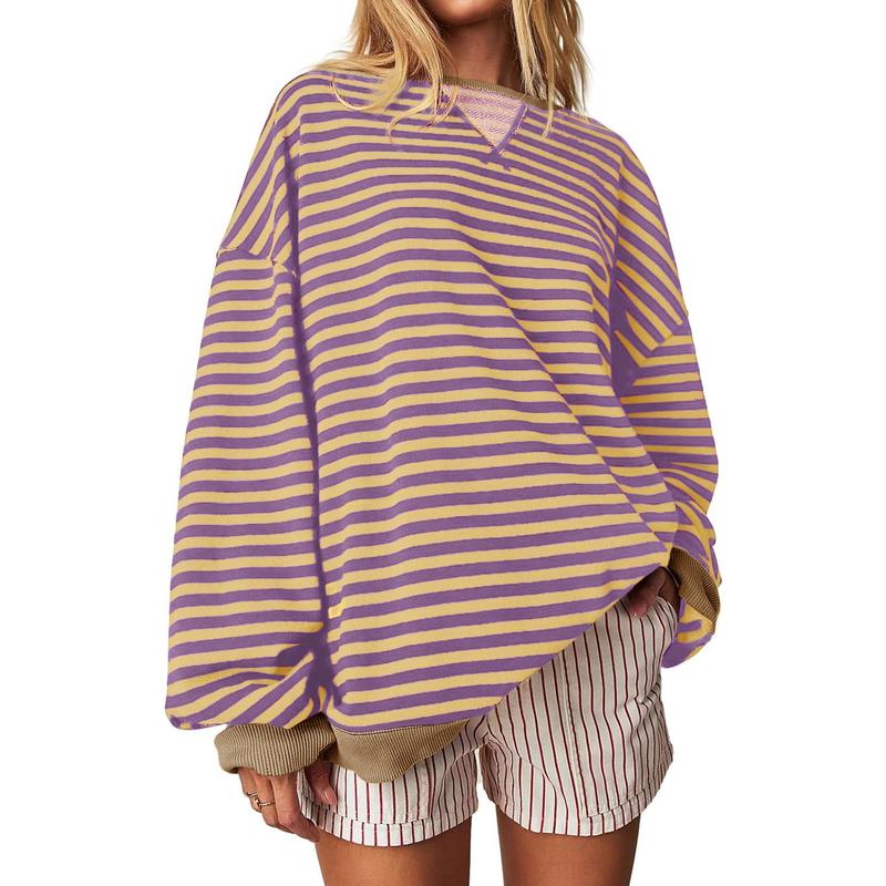 【Up To 3XL】Fisace Christmas Womenswear Striped Oversized Sweatshirt Color Block Crew Neck Long Sleeve Shirt Casual Loose Pullover Top Y2K Clothes back to school - Seldom Seen Styles