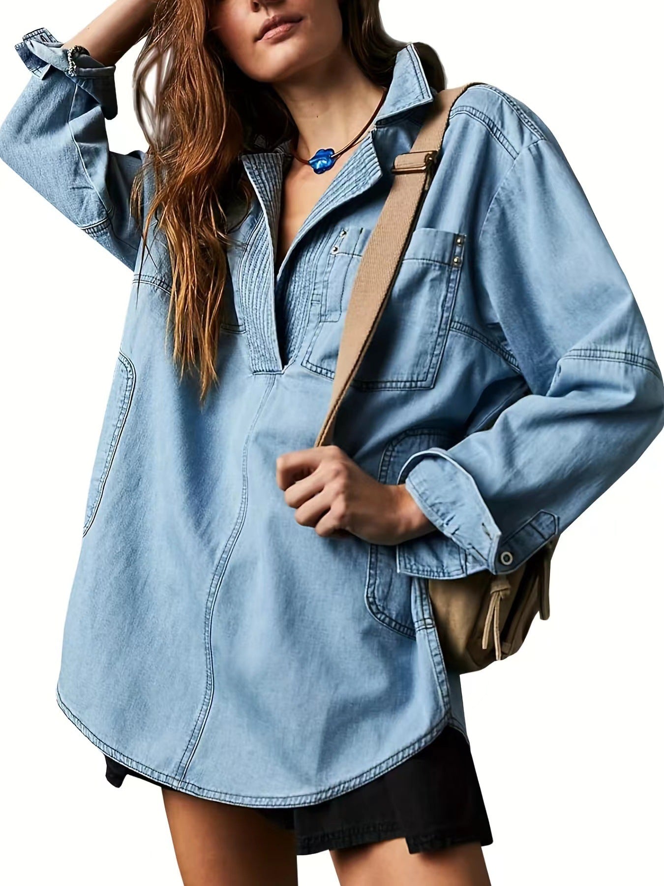 Womenswear Denim Pullover Casual Comfort Button V Neck Blouse Loose Fit Tops Longsleeves Jean Jacket With Pocket - Seldom Seen Styles
