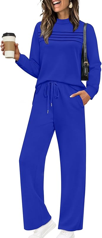 Two Piece Sets for Women Fall Travel Vacation Outfits Long Sleeve Lounge Sets Side Slit Wide Leg Pants S-3XL - Seldom Seen Styles