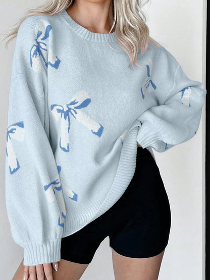 Women's  Popular Style Bow Jacquard Lazy and Loose Pullover Sweater