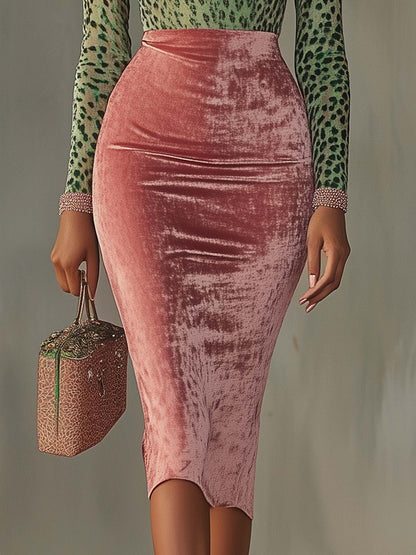Pink Velvet Bodycon Dress With Patchwork Webbing And Leopard Print