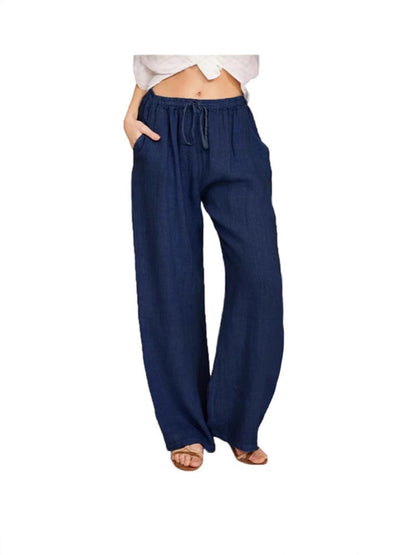 Women's Casual Wide Leg Elastic Waist Loose Lightweight Summer Linen Beach Pants Drawstring