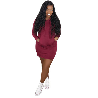 Women's Solid Drawstring Hooded Sweatshirt Dress, Chic Casual Long Sleeve Pocket Dress for Fall & Winter, Ladies Clothes for Daily Wear