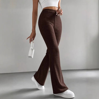 Pantalon slim décontracté en tricot côtelé de couleur unie pour femme