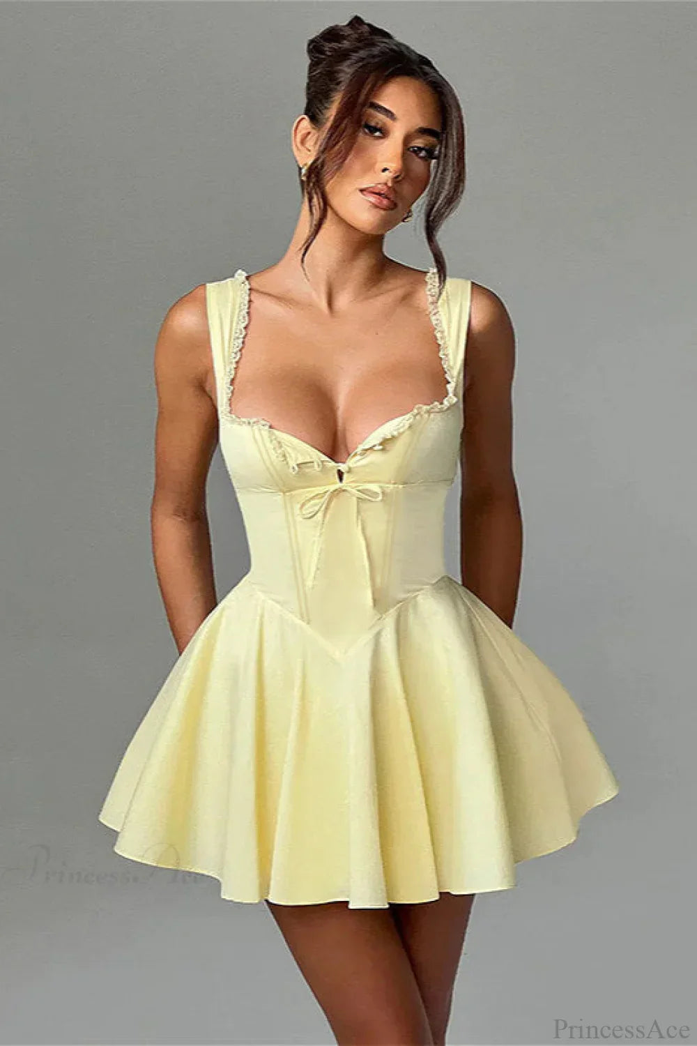 Women's Corset A Line Mini Dress Lace Trim Bow Front Fit and Flare Party Dress - Seldom Seen Styles