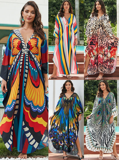 [Plus Size] Butterfly/feather Print Ruched Split Hem Tunic Dress, Valentine's Day Elegant Batwing Sleeve V Neck Long Dress for Summer, Casual Womenswear, Gift, Homecoming Dresses, Women's Clothes for Beach Holiday Vacation, Moo Moo Dresses