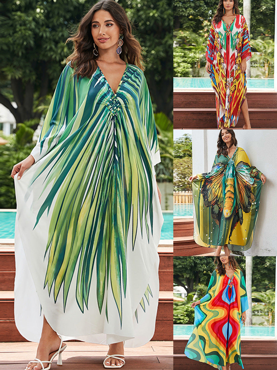 [Plus Size] Butterfly/feather Print Ruched Split Hem Tunic Dress, Valentine's Day Elegant Batwing Sleeve V Neck Long Dress for Summer, Casual Womenswear, Gift, Homecoming Dresses, Women's Clothes for Beach Holiday Vacation, Moo Moo Dresses - Seldom Seen Styles