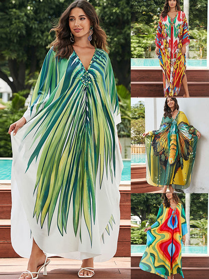 [Plus Size] Butterfly/feather Print Ruched Split Hem Tunic Dress, Valentine's Day Elegant Batwing Sleeve V Neck Long Dress for Summer, Casual Womenswear, Gift, Homecoming Dresses, Women's Clothes for Beach Holiday Vacation, Moo Moo Dresses