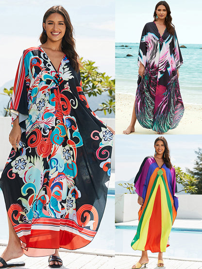 [Plus Size] Butterfly/feather Print Ruched Split Hem Tunic Dress, Valentine's Day Elegant Batwing Sleeve V Neck Long Dress for Summer, Casual Womenswear, Gift, Homecoming Dresses, Women's Clothes for Beach Holiday Vacation, Moo Moo Dresses