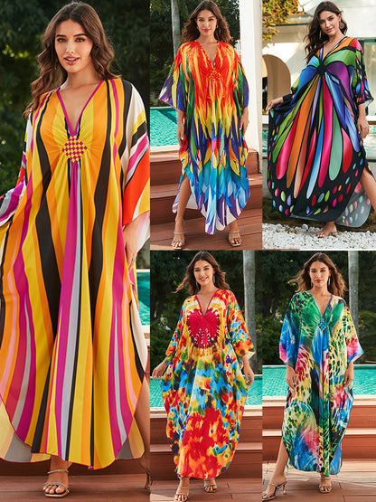 [Plus Size] Butterfly/feather Print Ruched Split Hem Tunic Dress, Valentine's Day Elegant Batwing Sleeve V Neck Long Dress for Summer, Casual Womenswear, Gift, Homecoming Dresses, Women's Clothes for Beach Holiday Vacation, Moo Moo Dresses