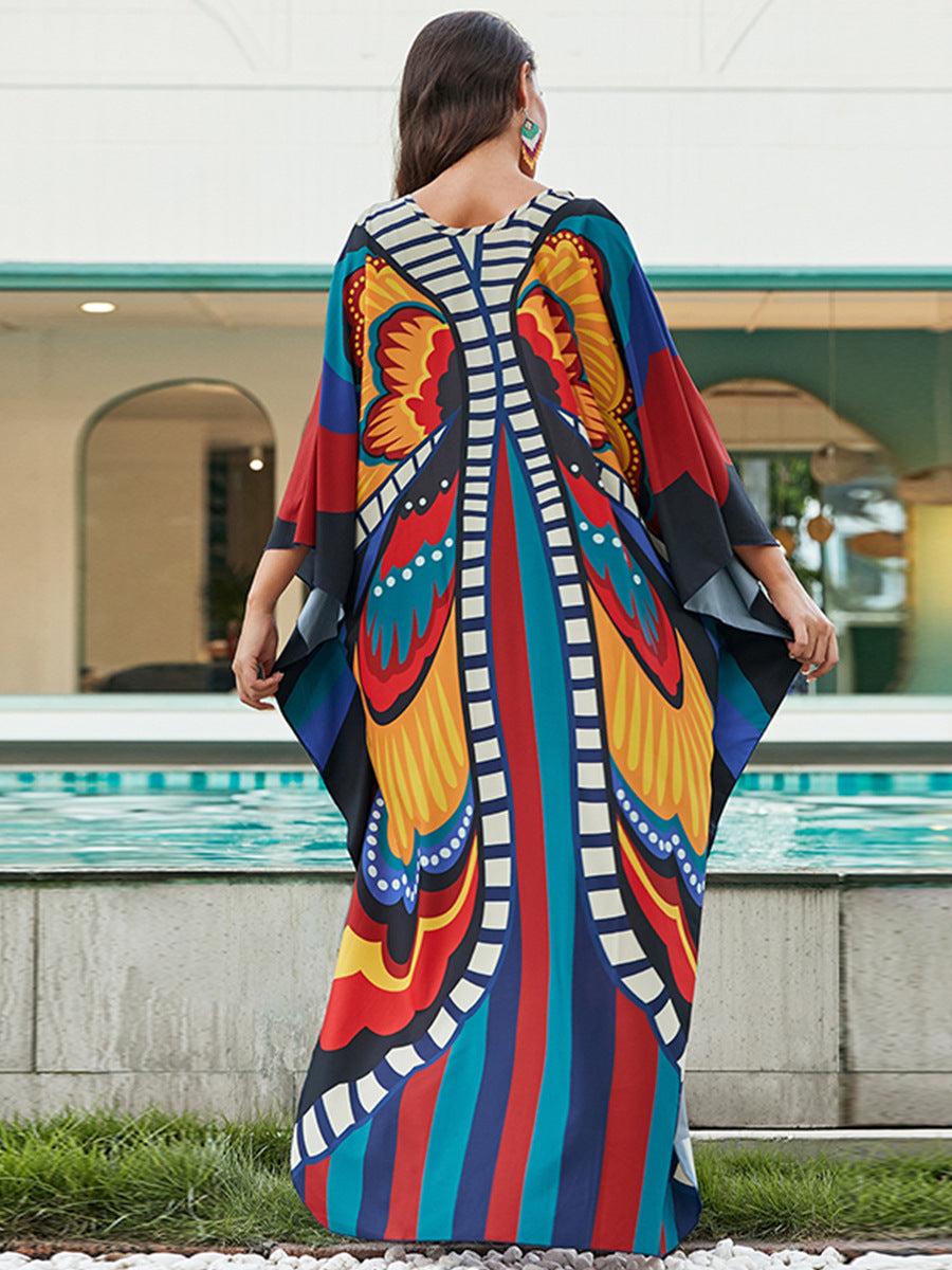 [Plus Size] Butterfly/feather Print Ruched Split Hem Tunic Dress, Valentine's Day Elegant Batwing Sleeve V Neck Long Dress for Summer, Casual Womenswear, Gift, Homecoming Dresses, Women's Clothes for Beach Holiday Vacation, Moo Moo Dresses - Seldom Seen Styles