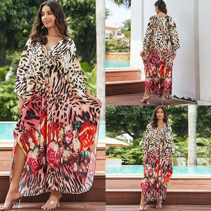 [Plus Size] Butterfly/feather Print Ruched Split Hem Tunic Dress, Valentine's Day Elegant Batwing Sleeve V Neck Long Dress for Summer, Casual Womenswear, Gift, Homecoming Dresses, Women's Clothes for Beach Holiday Vacation, Moo Moo Dresses