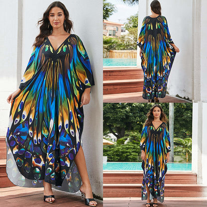 [Plus Size] Butterfly/feather Print Ruched Split Hem Tunic Dress, Valentine's Day Elegant Batwing Sleeve V Neck Long Dress for Summer, Casual Womenswear, Gift, Homecoming Dresses, Women's Clothes for Beach Holiday Vacation, Moo Moo Dresses