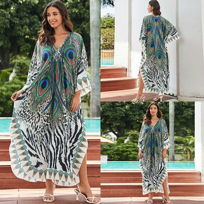 [Plus Size] Butterfly/feather Print Ruched Split Hem Tunic Dress, Valentine's Day Elegant Batwing Sleeve V Neck Long Dress for Summer, Casual Womenswear, Gift, Homecoming Dresses, Women's Clothes for Beach Holiday Vacation, Moo Moo Dresses