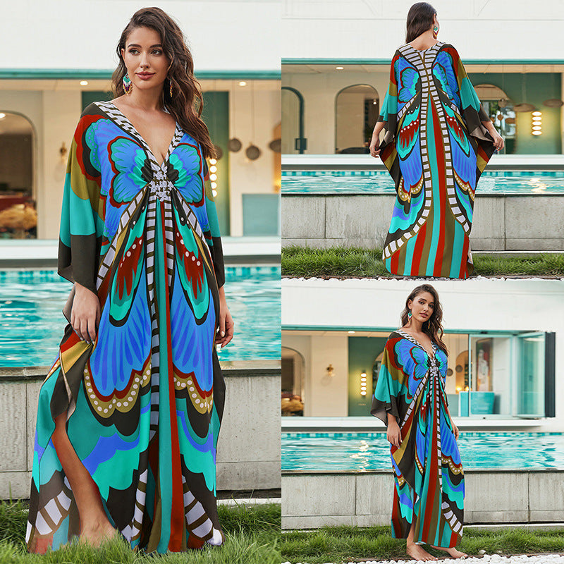 [Plus Size] Butterfly/feather Print Ruched Split Hem Tunic Dress, Valentine's Day Elegant Batwing Sleeve V Neck Long Dress for Summer, Casual Womenswear, Gift, Homecoming Dresses, Women's Clothes for Beach Holiday Vacation, Moo Moo Dresses - Seldom Seen Styles