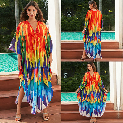 [Plus Size] Butterfly/feather Print Ruched Split Hem Tunic Dress, Valentine's Day Elegant Batwing Sleeve V Neck Long Dress for Summer, Casual Womenswear, Gift, Homecoming Dresses, Women's Clothes for Beach Holiday Vacation, Moo Moo Dresses