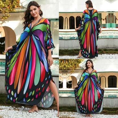 [Plus Size] Butterfly/feather Print Ruched Split Hem Tunic Dress, Valentine's Day Elegant Batwing Sleeve V Neck Long Dress for Summer, Casual Womenswear, Gift, Homecoming Dresses, Women's Clothes for Beach Holiday Vacation, Moo Moo Dresses