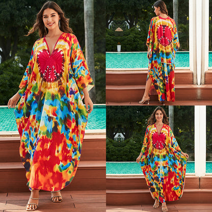 [Plus Size] Butterfly/feather Print Ruched Split Hem Tunic Dress, Valentine's Day Elegant Batwing Sleeve V Neck Long Dress for Summer, Casual Womenswear, Gift, Homecoming Dresses, Women's Clothes for Beach Holiday Vacation, Moo Moo Dresses