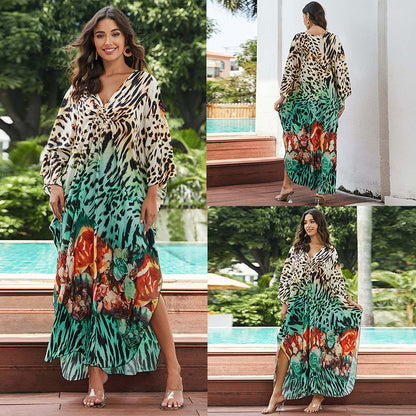 [Plus Size] Butterfly/feather Print Ruched Split Hem Tunic Dress, Valentine's Day Elegant Batwing Sleeve V Neck Long Dress for Summer, Casual Womenswear, Gift, Homecoming Dresses, Women's Clothes for Beach Holiday Vacation, Moo Moo Dresses