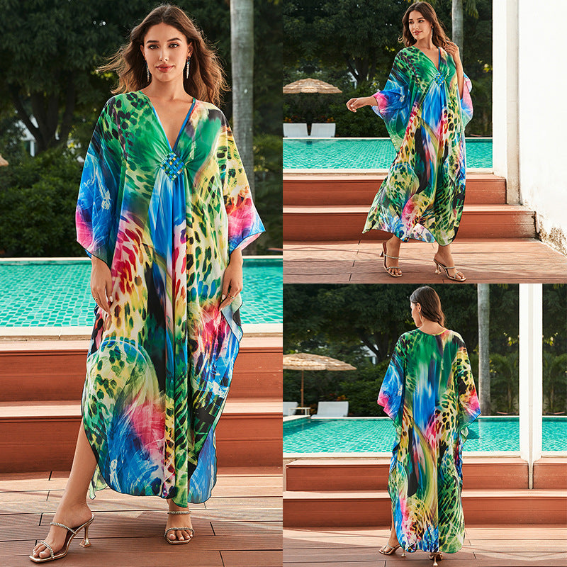 [Plus Size] Butterfly/feather Print Ruched Split Hem Tunic Dress, Valentine's Day Elegant Batwing Sleeve V Neck Long Dress for Summer, Casual Womenswear, Gift, Homecoming Dresses, Women's Clothes for Beach Holiday Vacation, Moo Moo Dresses - Seldom Seen Styles