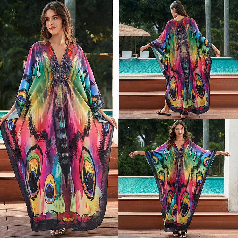 [Plus Size] Butterfly/feather Print Ruched Split Hem Tunic Dress, Valentine's Day Elegant Batwing Sleeve V Neck Long Dress for Summer, Casual Womenswear, Gift, Homecoming Dresses, Women's Clothes for Beach Holiday Vacation, Moo Moo Dresses - Seldom Seen Styles