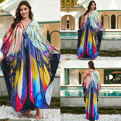 [Plus Size] Butterfly/feather Print Ruched Split Hem Tunic Dress, Valentine's Day Elegant Batwing Sleeve V Neck Long Dress for Summer, Casual Womenswear, Gift, Homecoming Dresses, Women's Clothes for Beach Holiday Vacation, Moo Moo Dresses