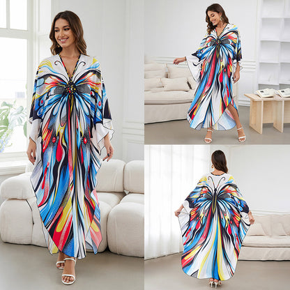 [Plus Size] Butterfly/feather Print Ruched Split Hem Tunic Dress, Valentine's Day Elegant Batwing Sleeve V Neck Long Dress for Summer, Casual Womenswear, Gift, Homecoming Dresses, Women's Clothes for Beach Holiday Vacation, Moo Moo Dresses