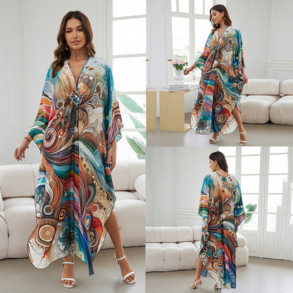 [Plus Size] Butterfly/feather Print Ruched Split Hem Tunic Dress, Valentine's Day Elegant Batwing Sleeve V Neck Long Dress for Summer, Casual Womenswear, Gift, Homecoming Dresses, Women's Clothes for Beach Holiday Vacation, Moo Moo Dresses