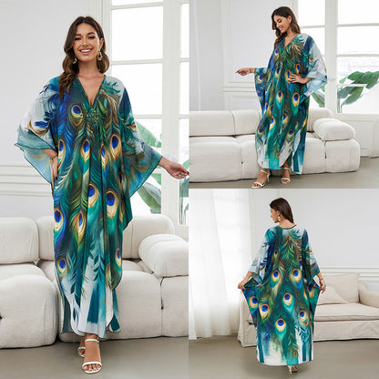 [Plus Size] Butterfly/feather Print Ruched Split Hem Tunic Dress, Valentine's Day Elegant Batwing Sleeve V Neck Long Dress for Summer, Casual Womenswear, Gift, Homecoming Dresses, Women's Clothes for Beach Holiday Vacation, Moo Moo Dresses
