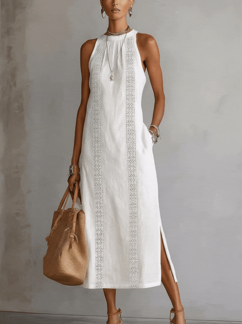 White Sleeveless Linen Midi Dress With Lace Insets And Side Slit - Seldom Seen Styles