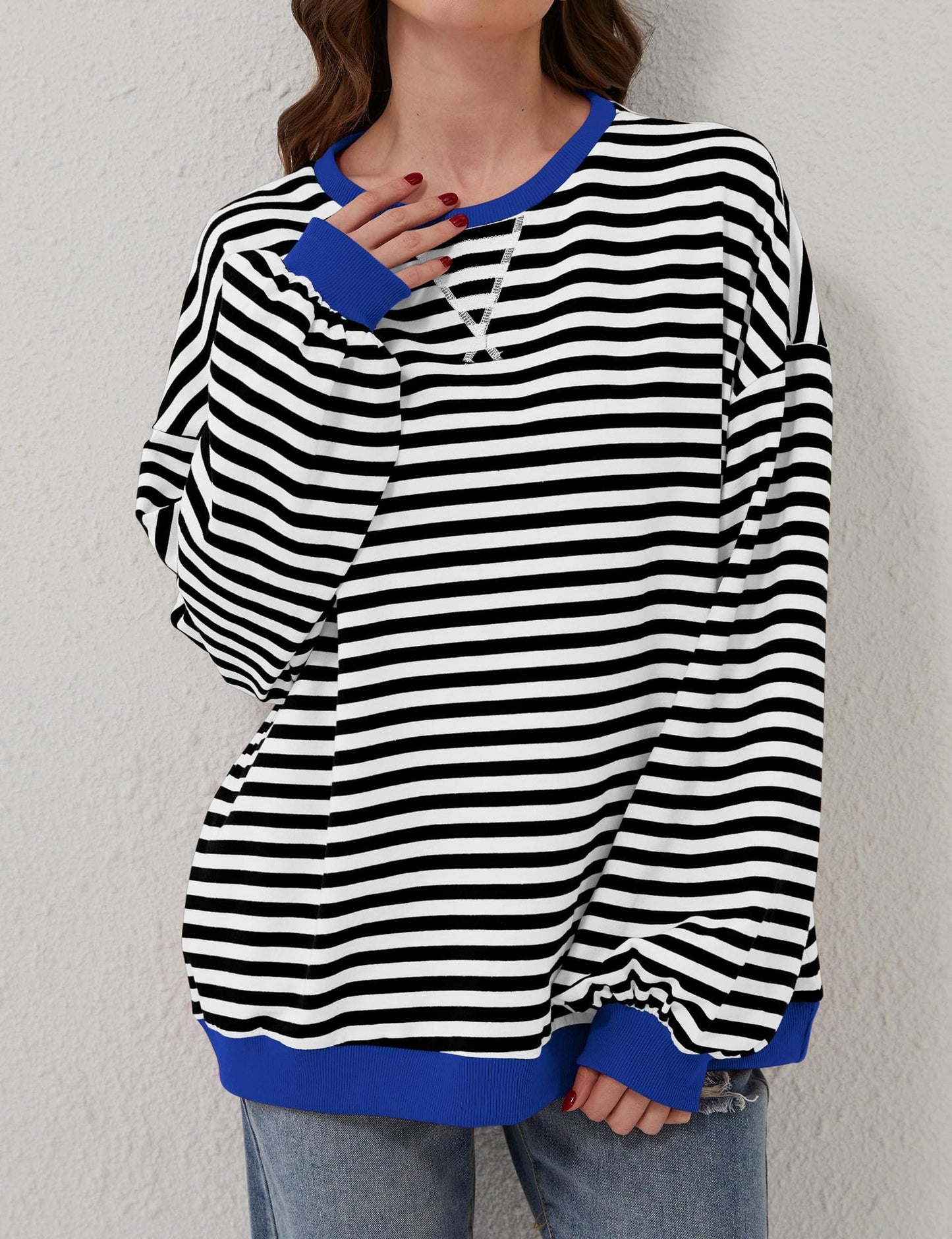 Womens Striped Oversized Sweatshirt Color Block Crew Neck Long Sleeve Casual Loose Pullover Top Y2K Clothes