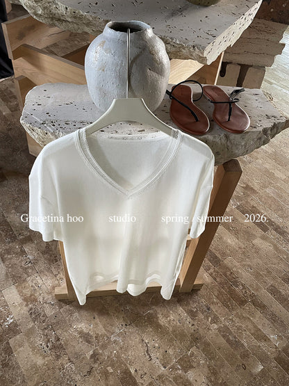 French Lace V-Neck T-Shirt – Minimal Loose Fit Casual Chic Summer Tee