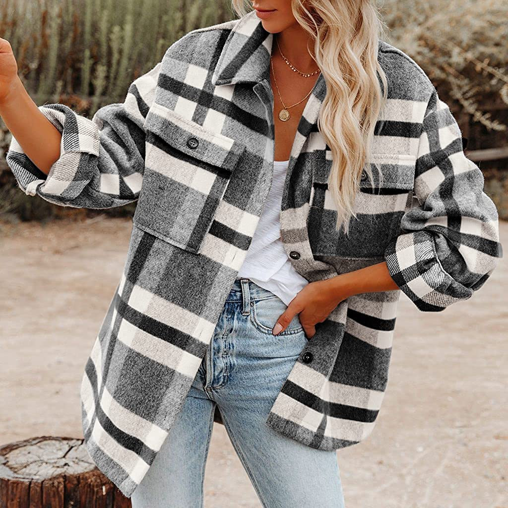 Beaully Damen Flanell Plaid Shacket Langarm Button-Down-Hemden Jacke Mäntel mit Seitentaschen 