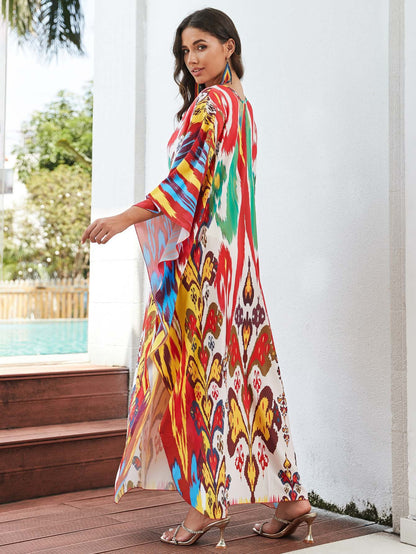 [Plus Size] Butterfly/feather Print Ruched Split Hem Tunic Dress, Valentine's Day Elegant Batwing Sleeve V Neck Long Dress for Summer, Casual Womenswear, Gift, Homecoming Dresses, Women's Clothes for Beach Holiday Vacation, Moo Moo Dresses