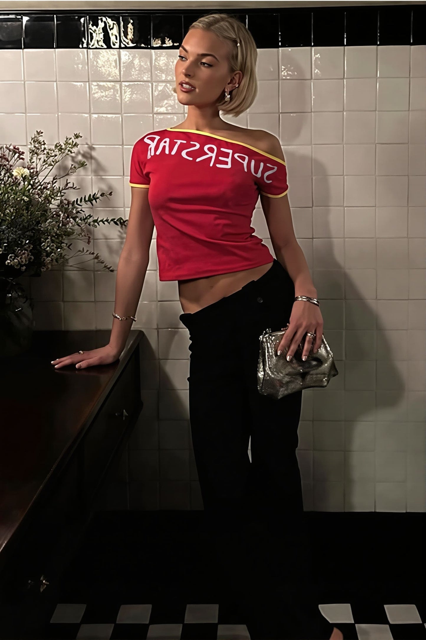 Asymmetric Neck Off Shoulder Color Block T-shirt - Seldom Seen Styles