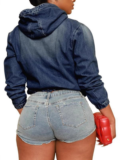 Veste à capuche en jean à demi-fermeture éclair pour femme