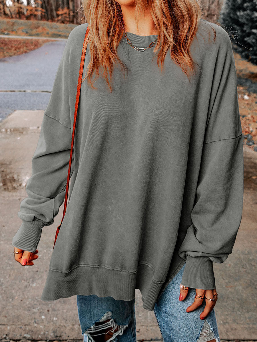 Autumn New Pure Color round-Neck Pullover Women's European and American Leisure Style All-Match Super Long Flab Hiding Long-Sleeved Top for Women