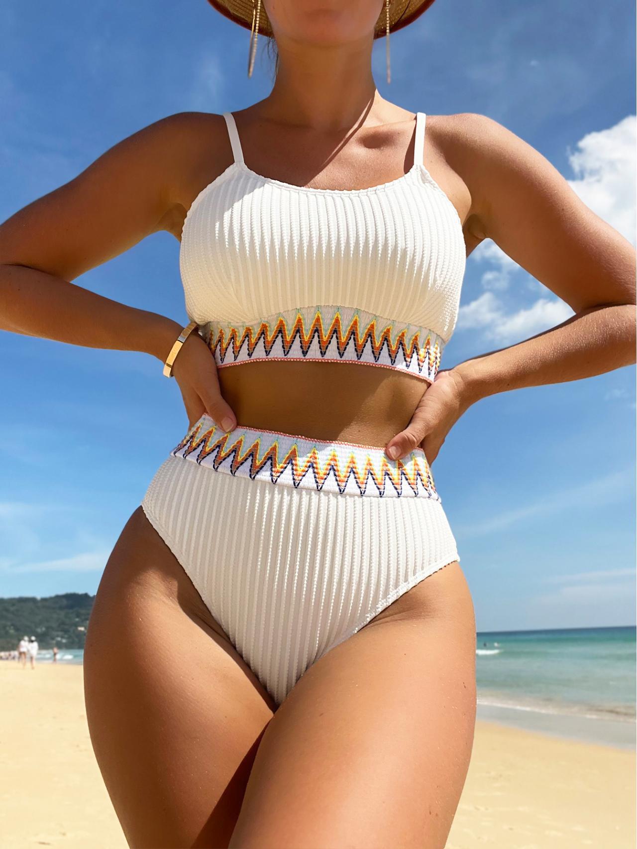 Women's High Waisted Swimsuit Two Piece Ribbed Bikini Sets Crop Top High Cut Cheeky Bathing Suits - Seldom Seen Styles