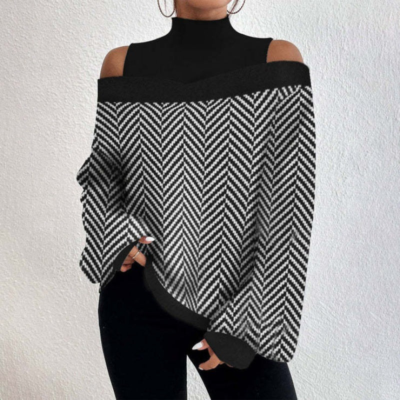 Exclusive Supply2024shopifyWomen's Spring Clothing off-Shoulder Design Women's Lantern Sleeve Printed Top