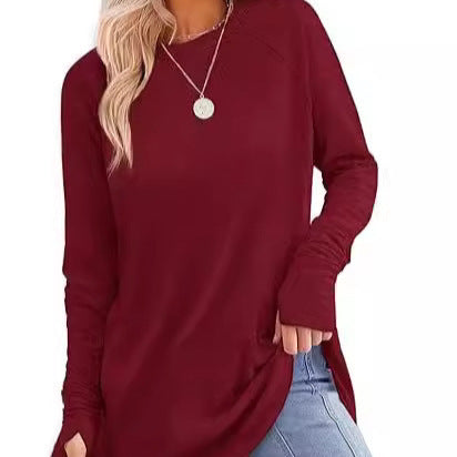 Womens Tunic Tops to Wear with Leggings Long Sleeve Thumb Hole Shirts Crew Neck Curved Hem - Seldom Seen Styles