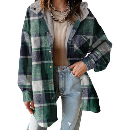 Women's Flannel Hooded Plaid Fuzzy Fleece Jacket
