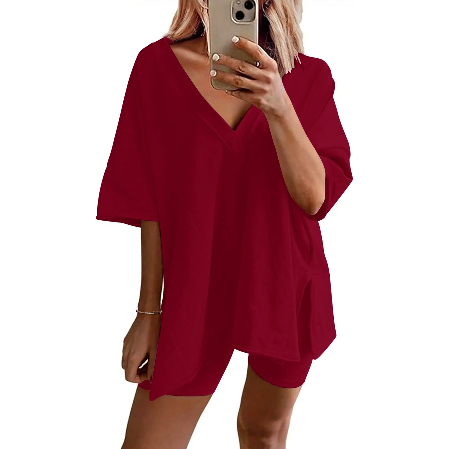 Mother's Day EKOUAER V-neck Two-Piece Pajama Set For Women Summer Casual Oversized Split Hem Shirts & Biker Shorts Minimalist Lounge Wear Soft Homewear Cozy Pjs Clothes Comfy - Seldom Seen Styles