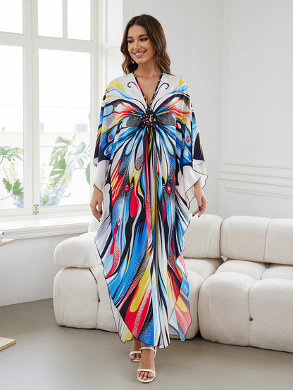 [Plus Size] Butterfly/feather Print Ruched Split Hem Tunic Dress, Valentine's Day Elegant Batwing Sleeve V Neck Long Dress for Summer, Casual Womenswear, Gift, Homecoming Dresses, Women's Clothes for Beach Holiday Vacation, Moo Moo Dresses