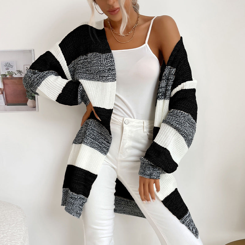 Independent Station Cross-Border E-Commerce Exclusively for Foreign Trade Autumn and Winter Hot Products European and American Women's Clothing Long Non-Button Colorblock Sweater Coat